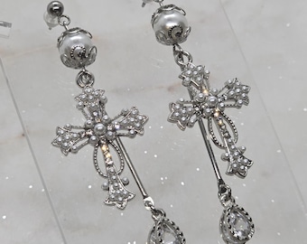 Breathtaking Cross Earrings - Silver Dangle Drop Studs with Pearls and Diamonds [Christian, Gothic, Baroque, Elegant, Romantic, Princess]