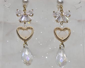 Dainty Drop Earrings - Gold Stainless Steel Pearl Studs with Bows, Hearts, and Aurora Borealis Beads [Princess, Dollette, Coquette, Kawaii]