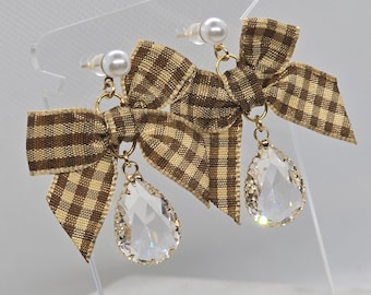 Lolita Bow Earrings - Gold Dangle Drops with Ribbons, Crystals, and Stainless Steel Pearl Studs [Cute, Princess, Coquette, Romantic, Shoujo]