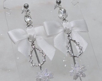 Angelic Diamond Earrings - Silver Dangle Tear Drop with Satin White Bows and Stainless Steel Studs [Romantic, Elegant, Cute, Princess]