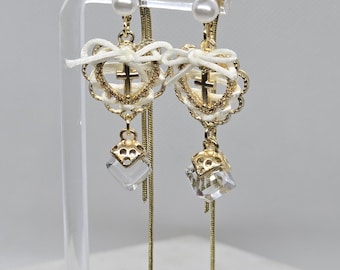 Laced Cross Earrings - Yellow Gold Heart Dangle Style with Crystals and Stainless Steel Pearl Studs [Princess, Romantic, Christian, Cute]