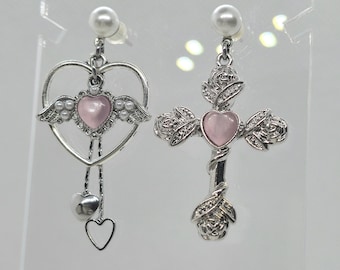 Angel Whimsy Earrings - Asymmetric Silver Stainless Steel Pearl Studs with Pink Cabochons, Winged Heart, Rose Cross [Cute, Lolita, Princess]