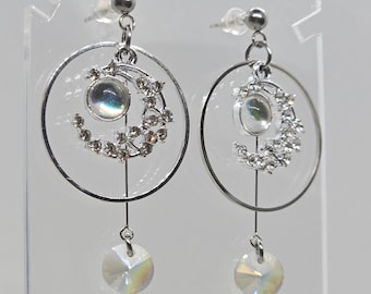 Dreamy Eclipse Earrings - Silver Dangle Drop Stainless Steel Studs with Hoops, Diamond Moons, and Rainbow Glass Beads [Cyber, Whimsy, y2k]