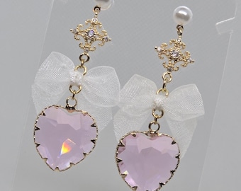 Gem Drop Earrings - Gold Coquette / Kawaii Pink Hearts with Organza Bows, Diamonds, Stainless Steel Pearl Studs [Cute, Dollette, Princess]