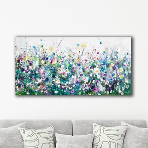 Large Floral Canvas Giclee Print from Painting, Green Pink Floral Wall Art, Modern Floral Print, Large Panoramic Canvas Flower Art, Flowers