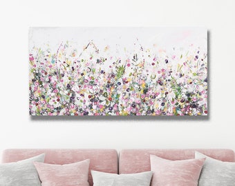 Large Panoramic Canvas Art, Floral Wall Art, Pink and Blue Abstract Meadow Print, Giclee Print, Print from Painting, Large Canvas Flower Art