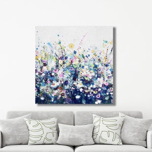 Large Floral Meadow Canvas Print, Blue Floral Wall Art, Square Floral Art Print, Blue Pink Art,  Giclee Print from Painting,