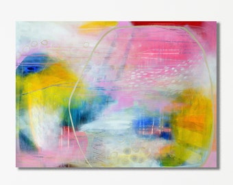 Può includere: Dipinto astratto con uno schema di colori rosa, giallo, blu e bianco. Il dipinto presenta una grande forma arrotondata al centro, con forme e linee più piccole in tutto.