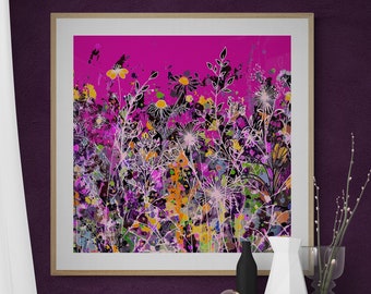 Floral Art Print Wall Art Magenta Floral Meadow Giclee Print on Paper Modern Floral Art Print Flowers Pretty Art for bedroom