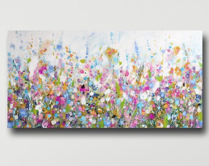 Large Wall Art Canvas Floral Wall Art Pink and Blue Meadow Etsy UK