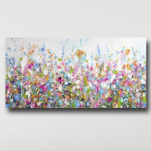 Extra Large Wall Art Canvas Floral Wall Art Panoramic Pink Meadow Print Large Canvas Flower Art Pretty long and narrow wall decor