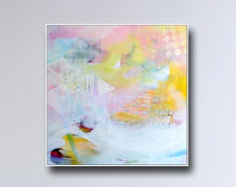 Large Wall Art, Abstract Canvas Print from Painting, Expressive Art, Modern Canvas Art, Colorful Painting Print, Blue Pink White Yellow Art