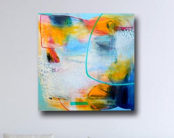 Large Wall Art, Canvas Art, Blue and Yellow Abstract Painting, Large Giclee Print, Canvas Wall Art, Modern Artwork, Expressive Abstract Art