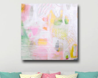 Abstract Wall Art Canvas Pink White Green, Ready to Hang Abstract Art, Giclee Print from Painting