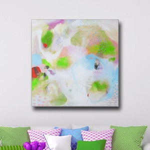 Large Abstract Art Canvas Print: Green, White & Blue - Ready to Hang