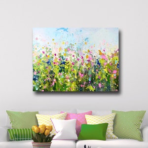 Large Floral Canvas Wall Art, Green Blue Pink White Abstract Meadow Giclee Print, Large Floral Art Painting,  Modern Floral Flower Canvas