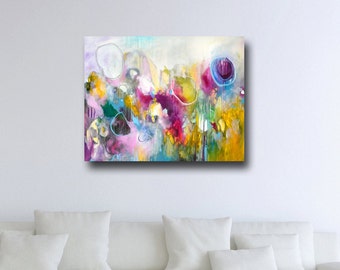 Abstract Canvas Print, Giclee Print, Wall Art, Large Canvas Print, Expressive Artwork, Large Abstract Canvas, Blue, Pink, Yellow, White Art
