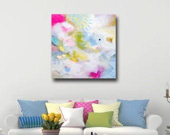 Large Abstract Canvas Print Giclee Wall Art, Canvas Print from Painting, Expressive Canvas Art, White Blue Pink Green Yellow Abstract Print