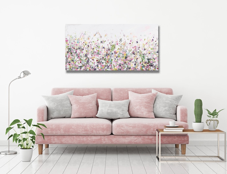 Large Panoramic Canvas Art Floral Wall Art Pink and Blue Etsy