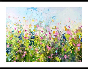 Floral Art Print on Paper, Giclee Print, Large Wall Art Print, Green and Pink, Wall Decor, Flower Meadow Wall Art