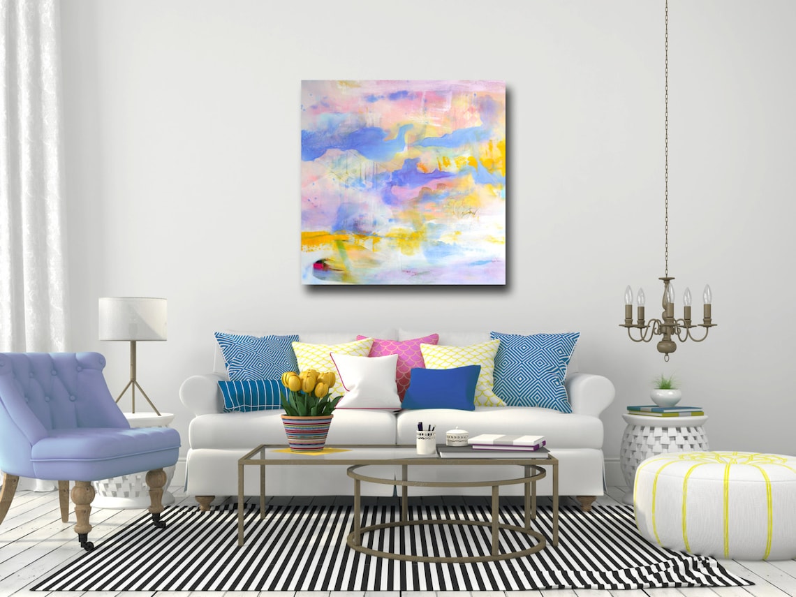 Large Abstract Print Pink and Blue Wall Art Canvas Giclee Etsy