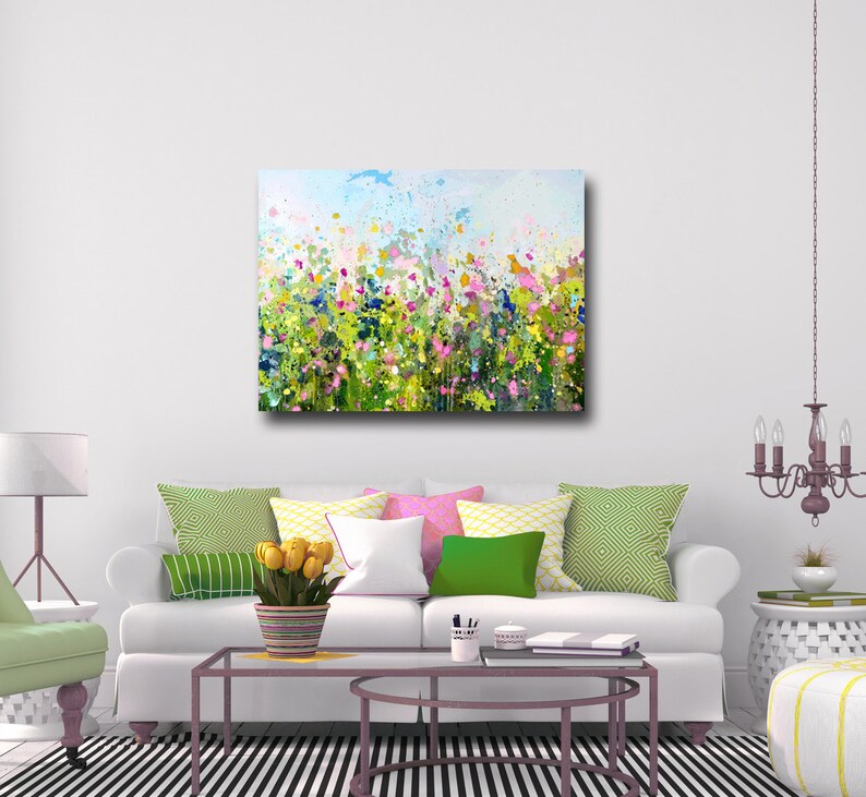 Large Floral Canvas Wall Art Green Blue Pink White Abstract Etsy UK