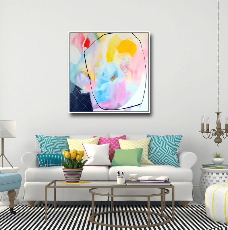 Gran impresión abstracta, impresión Giclee, arte de pared, impresión de lienzo de pintura, arte expresivo, arte de lienzo, impresión de pintura colorida, azul, rosa imagen 1