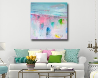 Large Wall Art, Landscape Canvas, Giclee Print from Painting, Abstract Landscape Print, Large Print, Blue Pink Green Yellow Canvas Print