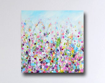 Floral Wall Art, Canvas Print from Painting, Meadow Print,  Floral Giclee Print, White Blue Pink Green Purple Flower Abstract Print