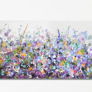 Large Wall Art Canvas, Floral Wall Art, Purple and Blue Meadow Print ...