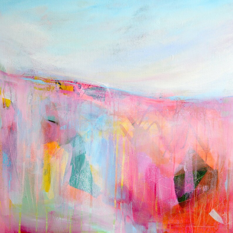 Large Abstract Landscape Art Print on Stretched Canvas in Pink Etsy