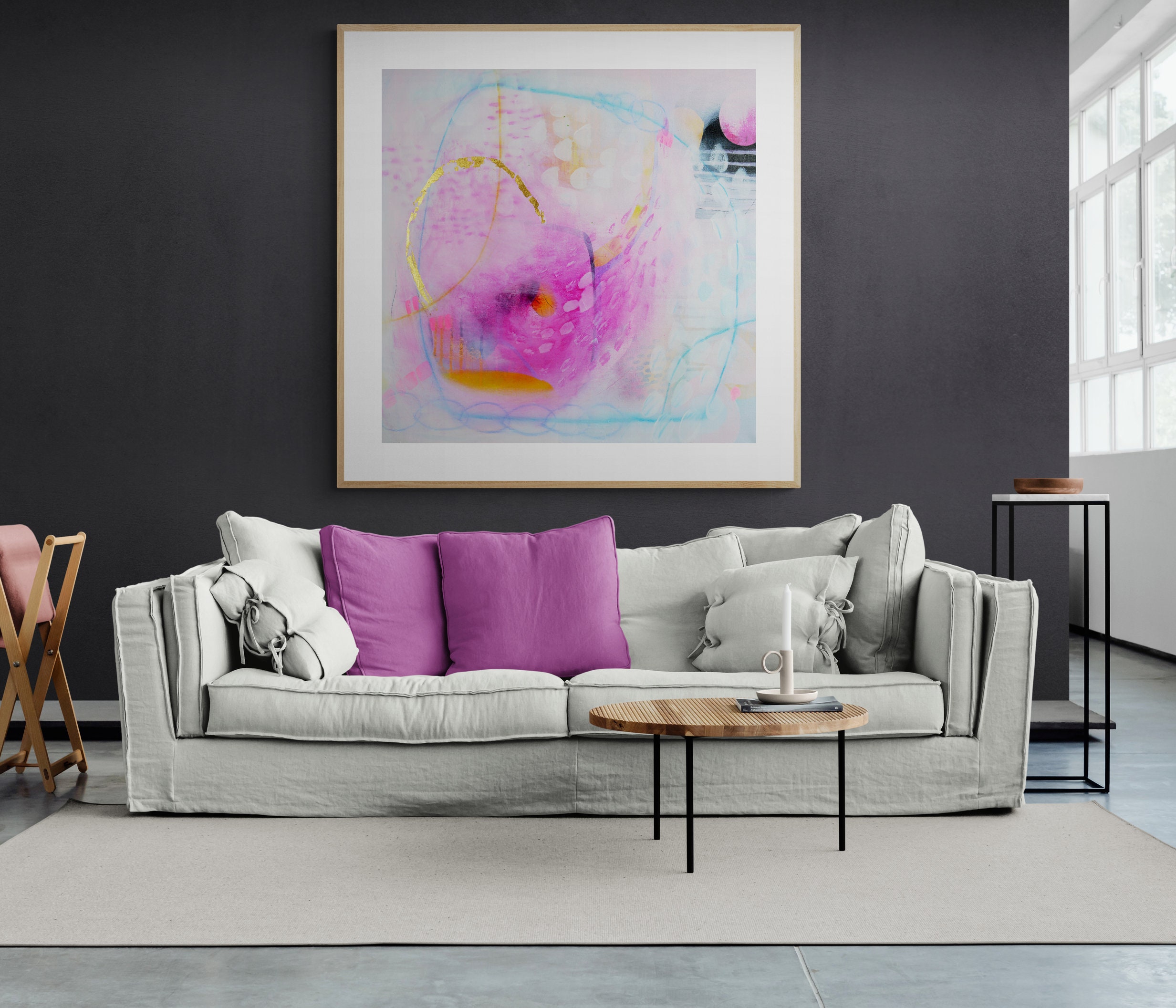 Impresión artística abstracta en rosa y azul: lienzo giclée moderno