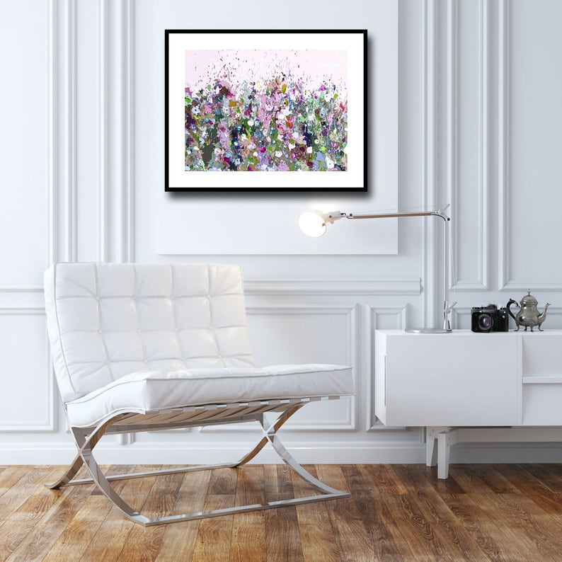 Wall Art pink Abstract Meadow Print white flowers Large Giclee Print from Painting Large Painting purple Abstract Floral Print green