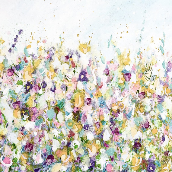 Canvas Print from Painting Large Abstract Floral Meadow Canvas Print Giclee Wall Art White Blue Pink Green Yellow Flower Abstract Print
