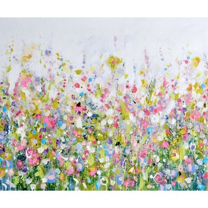 Large Floral Art Print, Pink Green Wall Art, Abstract Meadow Print, Giclee Print from Painting, abstract flowers, impressionist print