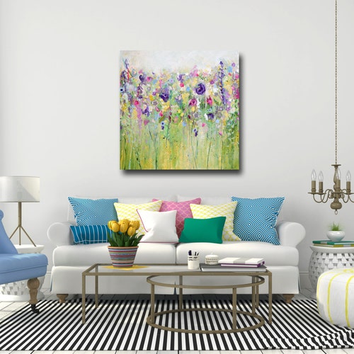 Large Floral Art Print Pink Green Wall Art Abstract Meadow Etsy