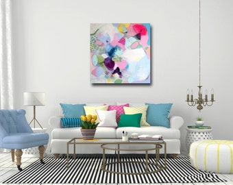 Large Abstract Wall Art Print,  Pink White Green and Blue Abstract Painting, Large Giclee Print,  Modern Artwork, Expressive Abstract Canvas