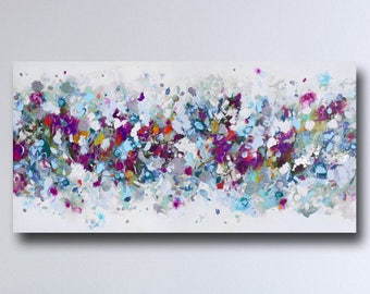 Large Panoramic Abstract Canvas Art, Wall Art, Blue Pink, White and Grey Abstract Print, Giclee Print, Large Abstract Print from Painting