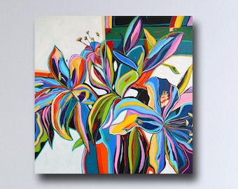 Large Abstract Floral Canvas Print Giclee Wall Art, Colourful Lily Canvas Print from Painting, Modern Floral Still Life Print, Lilies Canvas