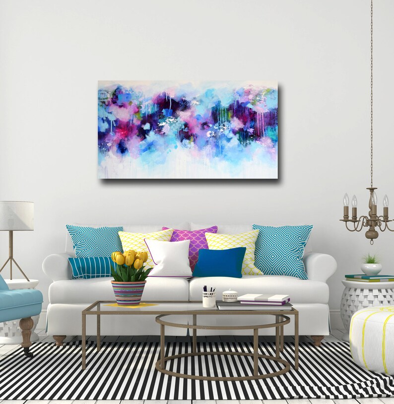 Large Panoramic Canvas Art Wall Art Pink and Blue Abstract Etsy