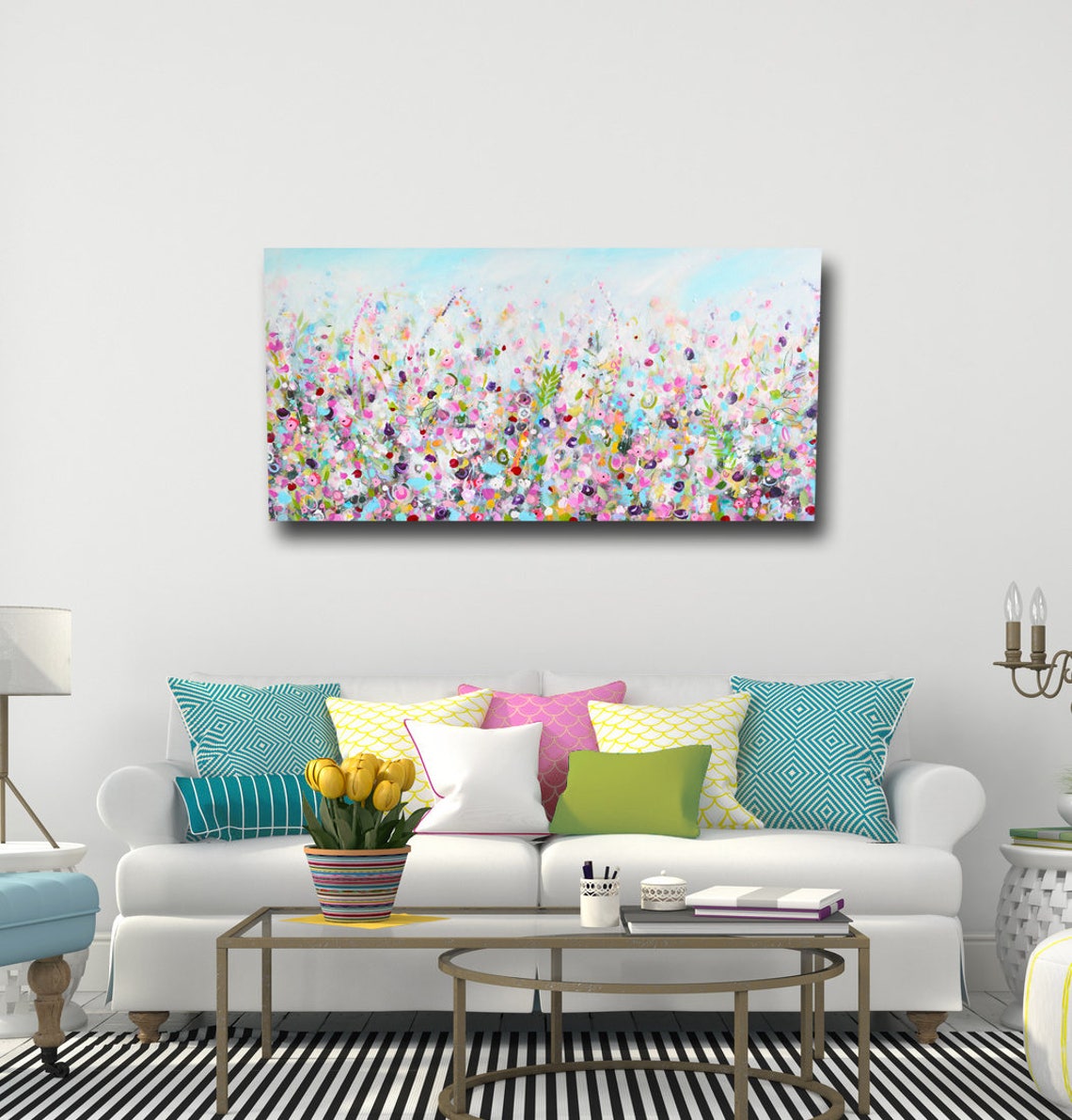 Large Panoramic Canvas Art Floral Wall Art Pink and Blue Etsy