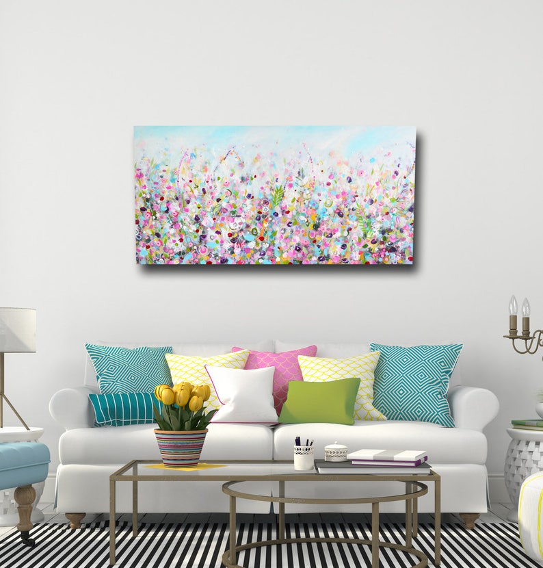 Large Panoramic Canvas Art Floral Wall Art Pink and Blue | Etsy