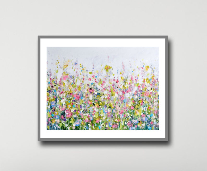 Large Floral Art Print Pink Green Wall Art Abstract Meadow Etsy UK