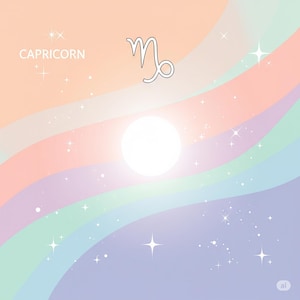 May include: A digital illustration of the Capricorn zodiac sign. The image has a pastel rainbow background with a bright white sun and sparkling stars. The word "CAPRICORN" is written in white.