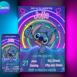 Editable Stitch Inspired Birthday Invitation | Neon Blue Alien Canva Template | Digital Party Invite | 1st 2nd 3rd 4th 5th Kids Birthday