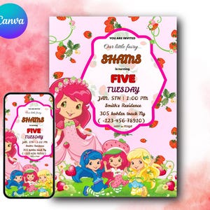 Editable Strawberry Shortcake-Inspired Birthday Invitation | Berry Sweet Party Invite | Editable Canva Template | Kids Birthday Invitation