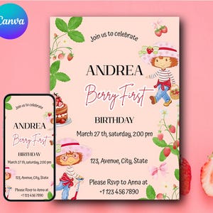 Editable Strawberry Shortcake-Inspired Birthday Invitation | Berry Sweet Party Invite | Editable Canva Template | Kids Birthday Invitation