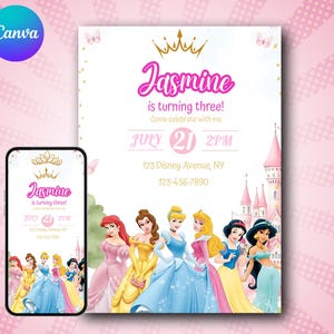 Editable Princess Birthday Invitation: Castle & Crown Canva Template (Digital Download