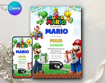Super Mario Birthday Invitation | Editable Canva Template | Digital Mario Party Card | Luigi Yoshi Peach Kids Invite | Instant Download