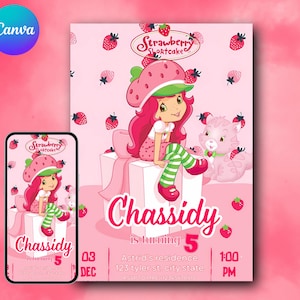 Editable Strawberry Shortcake-Inspired Birthday Invitation | Berry Sweet Party Invite | Editable Canva Template | Kids Birthday Invitation
